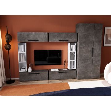 Living Pati 127 - Mobila Sufragerie Gri Beton + Alb