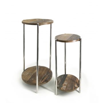 Set 2 masute suport telefon / flori, din lemn si metal, Leroy Natural / Crom, Ø37xH83 cm / Ø30xH68 cm