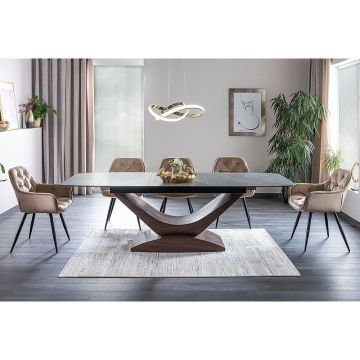 Set masa extensibila din ceramica, MDF si sticla, Dorsey Gri / Nuc + 6 Scaune tapitate cu stofa si picioare metalice, Clyde Velvet Bej / Negru, L180-240xl95xH76 cm