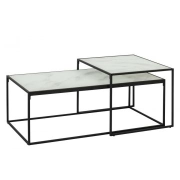 Set 2 mese de cafea din sticla si metal, Bolton Alb / Negru, L100xl40xH35 cm / L50xl55xH43 cm
