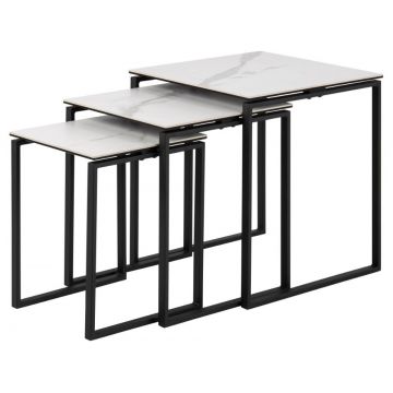 Set 3 mese de cafea din ceramica si metal, Katrine Alb / Negru, L50xl50xH55 cm / L43xl43xH50 cm / L36xl36xH45 cm