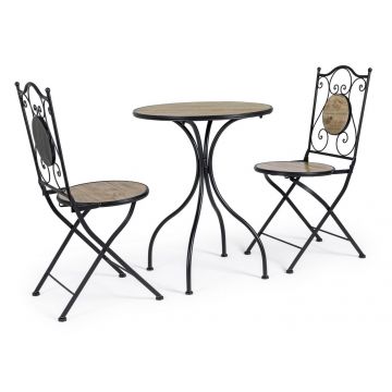 Set masa + 2 scaune pliabile pentru gradina / terasa, din ceramica si metal, Kansas Natural / Negru, Ø60xH75 cm