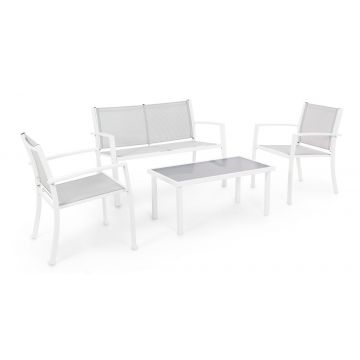 Set mobilier pentru gradina / terasa, Peder Gri Deschis / Alb, banca 2 locuri + 2 scaune + masa de cafea