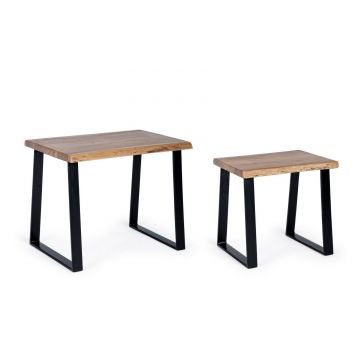 Set 2 mese de cafea din lemn de salcam si metal Artur Natural / Negru, L55xl40xH46 cm / L41xl35xH40 cm