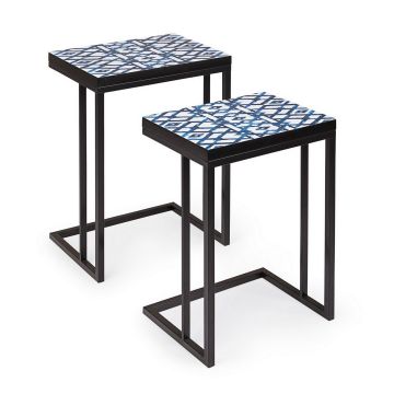 Set 2 mese de cafea din MDF si metal Neapolis A Albastru / Alb / Negru, L45,5xl33xH62,5 cm / L40,5xl30xH56 cm