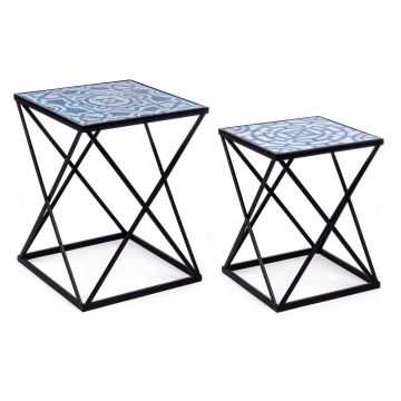 Set 2 mese de cafea din MDF si metal Neapolis Albastru / Alb / Negru, L42xl42xH55 cm / L36xl36xH47 cm