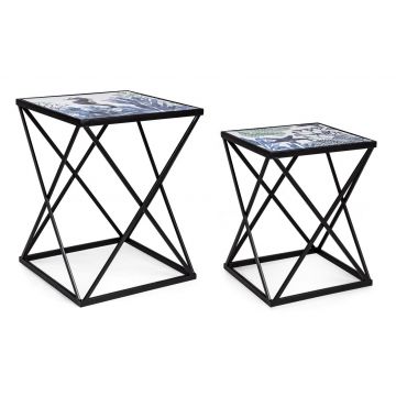Set 2 mese de cafea din MDF si metal Reef Multicolor / Negru, L42xl42xH55 cm / L36xl36xH47 cm