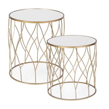Set 2 mese de cafea din sticla si metal Elenor Medium Round Auriu, Ø48xH51 cm / Ø43xH46 cm