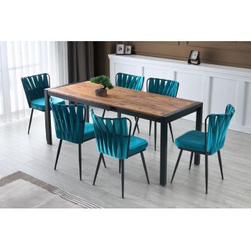 Set masa extensibila din pal si metal, Silva 1011 Natural / Negru + 6 Scaune tapitate cu stofa si picioare metalice, Kusa 158 Velvet Albastru / Negru, L120-187xl74xH75 cm