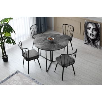 Set masa rotunda din pal si metal, Yopro 1202 Antracit / Negru + 4 Scaune tapitate cu stofa si picioare metalice, Yildiz 189 Velvet Gri inchis / Negru, Ø100xH72 cm