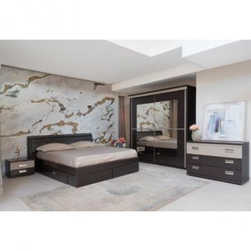 Set Mobila Dormitor Pallas Wenge Cu Pat Cu Dimensiunea Saltelei 160 X 200 Cm, 2 Noptiere, Dulap Si 1 Comoda