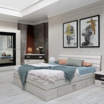 Set Mobila Dormitor Vanity Cu Dulap, Comoda, 2 Noptiere Si Pat Cu Dimensiunea Saltea 160 X 200 Cm,