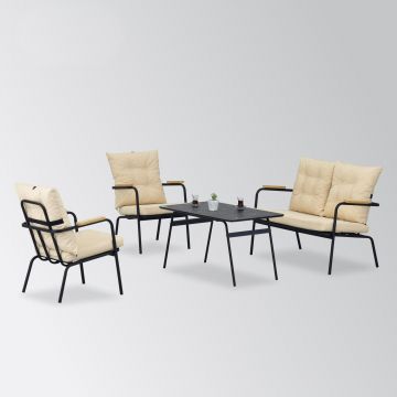 Set mobilier gradina / terasa Beymen Crem / Negru, 2 fotolii + canapea 2 locuri + masa de cafea