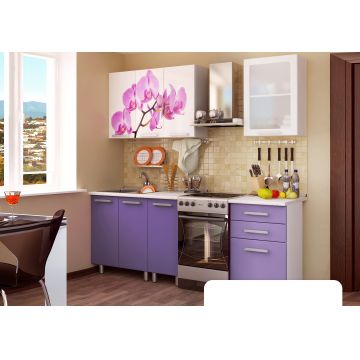 Bucatarie MDF FAMP ORHIDEE, 160x60x200cm, Alb + Mov