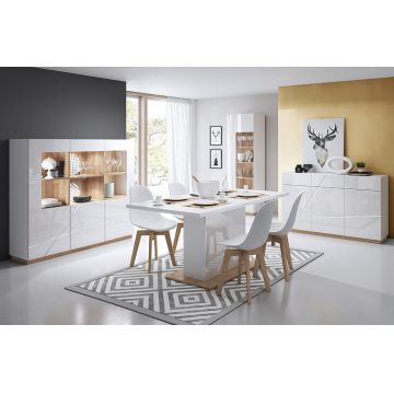 Set de mobila dining din pal si sticla, 4 piese, Futura Alb / Stejar Riviera