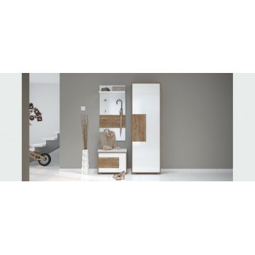 Set de mobila hol din pal si MDF, 3 piese, Stela III Alb / Stejar Tobacco