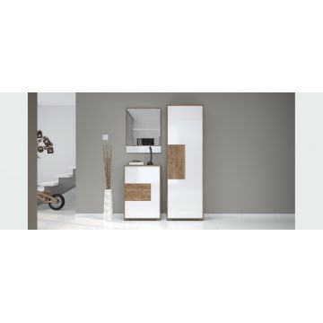 Set de mobila hol din pal si MDF, 3 piese, Stela IV Alb / Stejar Tobacco