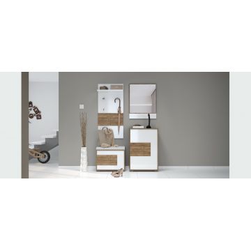 Set de mobila hol din pal si MDF, 4 piese, Stela II Alb / Stejar Tobacco