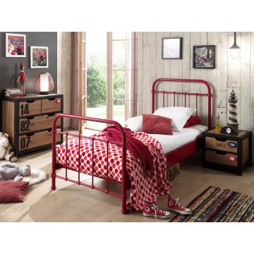 Set Mobila dormitor din lemn de pin si MDF cu pat metalic, pentru copii 3 piese New York Rosu / Natural, 200 x 90 cm