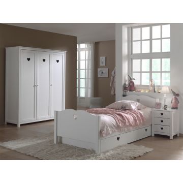 Set Mobila dormitor din lemn de pin si MDF, pentru copii 4 piese Amori Alb, 200 x 90 cm