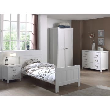 Set Mobila dormitor din lemn de pin si MDF, pentru copii 4 piese Lewis II Alb, 200 x 90 cm