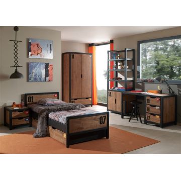 Set Mobila dormitor din lemn de pin si MDF, pentru copii 6 piese Alex Natural / Negru, 200 x 90 cm