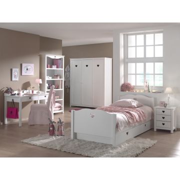 Set Mobila dormitor din lemn de pin si MDF, pentru copii 6 piese Amori Alb, 200 x 90 cm