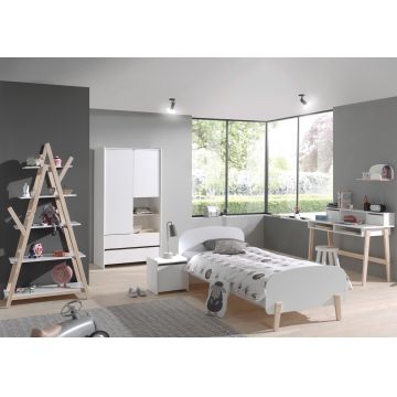 Set Mobila dormitor din lemn de pin si MDF, pentru copii 6 piese Kiddy Alb, 200 x 90 cm