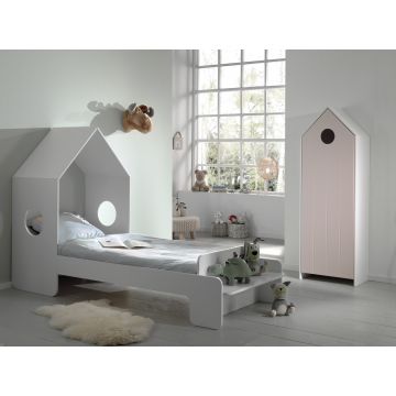 Set Mobila dormitor din MDF, pentru copii 2 piese Casami Roz / Alb, 200 x 90 cm