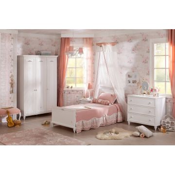 Set Mobila dormitor din pal, pentru copii si tineret, 4 piese, Romantica Alb, 200 x 120 cm
