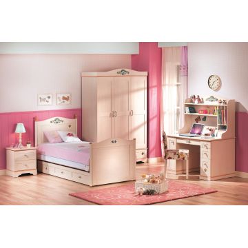 Set Mobila dormitor din pal, pentru copii si tineret, 6 piese, Flora Natur, 200 x 120 cm