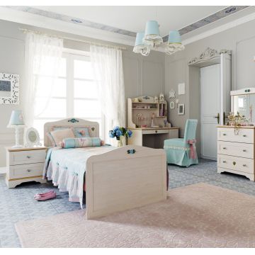 Set Mobila dormitor din pal, pentru copii si tineret, 6 piese, Flower Natural, 190 x 90 cm
