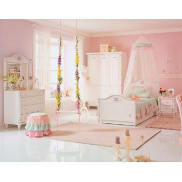 Set Mobila dormitor din pal, pentru copii si tineret, 6 piese, Romantic Alb, 200 x 120 cm