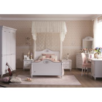 Set Mobila dormitor din pal, pentru copii si tineret, 7 piese, Romantic Alb, 200 x 120 cm
