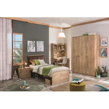 Set Mobila dormitor din pal, pentru tineret 5 piese Mocha Nature