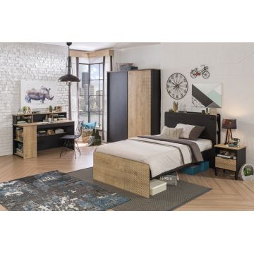 Set Mobila dormitor din pal, pentru tineret 6 piese Blacky Black / Nature
