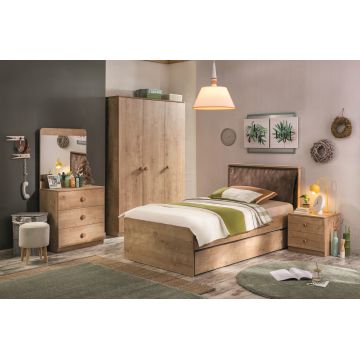 Set Mobila dormitor din pal, pentru tineret 6 piese Mocha Nature