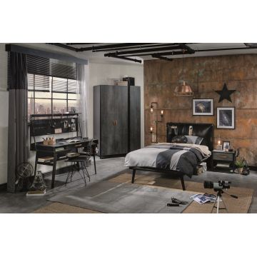 Set Mobila dormitor din pal si metal, pentru tineret 5 piese Dark Metal Black / Graphite
