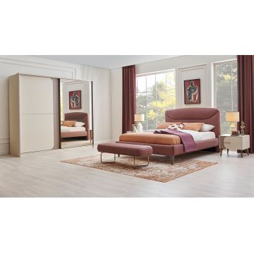 Set Mobila Dormitor din pal, cu pat 200 x 160 cm, 5 piese Nicole Crem / Somon Inchis