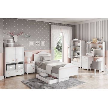 Set Mobila dormitor din pal, pentru copii, 8 piese, Luna Alb / Roz, 200 x 90 cm