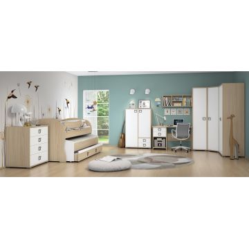 Set Mobila dormitor din pal, pentru copii, 9 piese, Kiki Alb / Fag, 200 x 90 / 190 x 80 cm