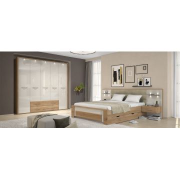 Set Mobila Dormitor din pal si MDF, cu pat 200 x 160 cm, 5 piese Gala Bej / Nuc Pacific