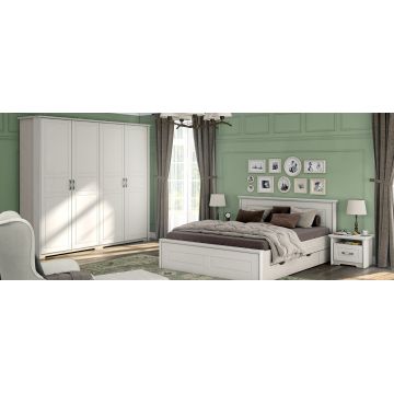 Set Mobila Dormitor din pal si MDF, cu pat 200 x 180 cm, 5 piese Evergreen Large Ivoir Mat / Pin Polar