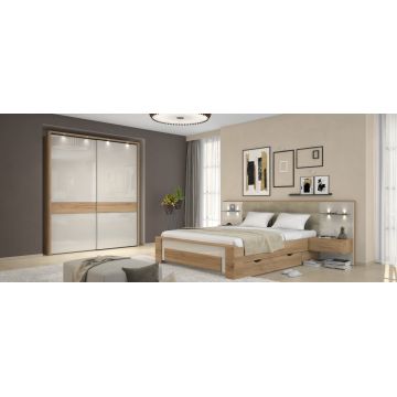 Set Mobila Dormitor din pal si MDF, cu pat 200 x 180 cm, 5 piese Gala Bej / Nuc Pacific