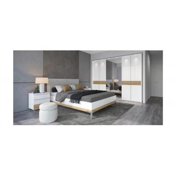 Set Mobila Dormitor din pal si MDF, LED inclus, cu pat 200 x 160 cm, 4 piese Avis Alb / Nuc Pacific