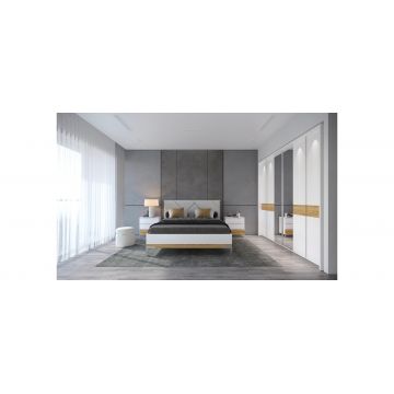 Set Mobila Dormitor din pal si MDF, LED inclus, cu pat 200 x 180 cm, 4 piese Avis Large Alb / Nuc Pacific