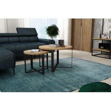 Set 2 mese de cafea din lemn de stejar, cu picioare metalice, Kodomis Stejar / Negru, Ø60xH39 cm / Ø41xH34 cm