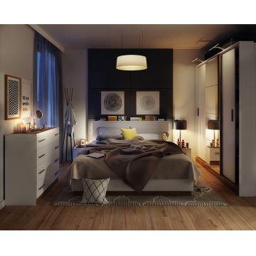 Set Mobila Dormitor din pal, cu pat 200 x 160 cm, 5 piese Dentro Alb Mat / Stejar
