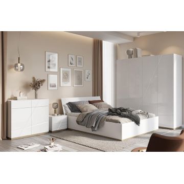 Set Mobila Dormitor din pal, cu pat 200 x 160 cm, 5 piese Futura Alb Mat / Stejar Riviera