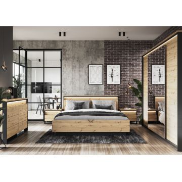Set Mobila Dormitor din pal, cu pat 200 x 160 cm, 5 piese Quant Stejar Artisan / Negru